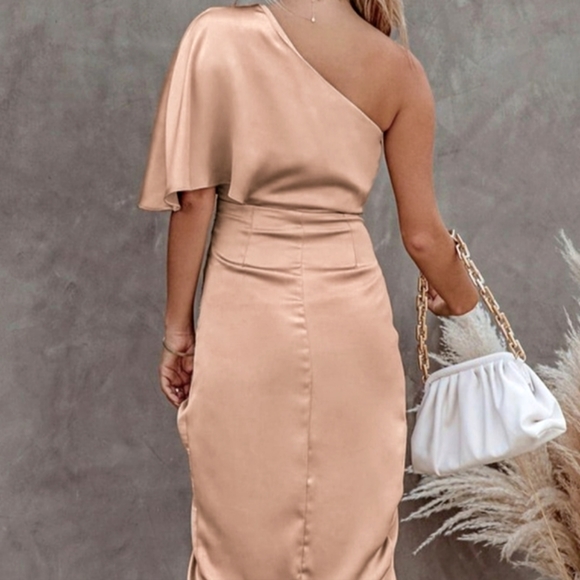 **SOLD** NWT baby pink, satin, cold shoulder dress! - Picture 7 of 8